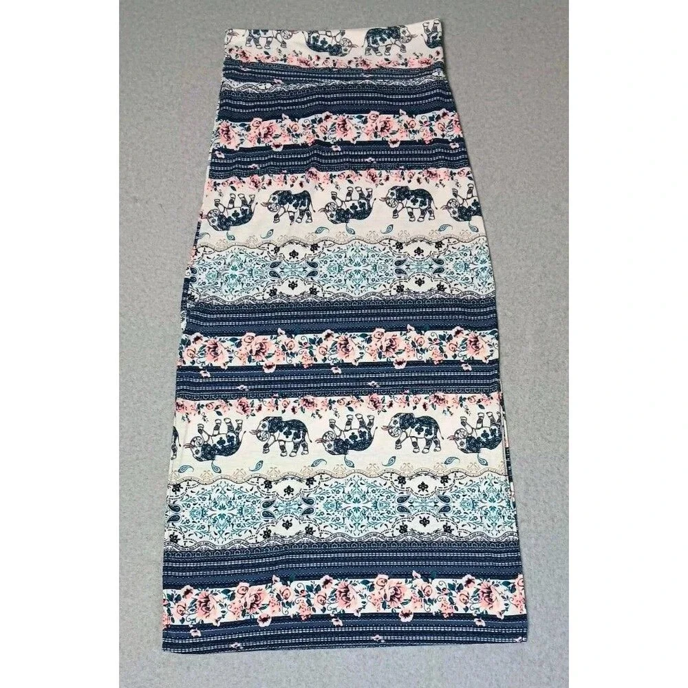 Bohemian Elephant Pattern Side Slits Maxi Skirt Small Blue Summer Beach Festival